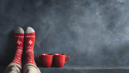 Woman`s legs with christmas socks  dark wall background. 