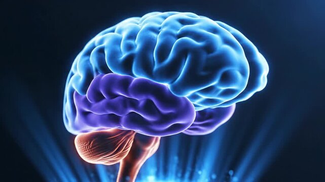 Three dimensional illustration of a human brain glowing on dark background