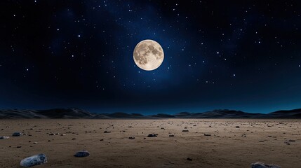 Vast expanse of a fantasy planet with a giant moon dominating the night sky, illuminating rocky mountains and craters below