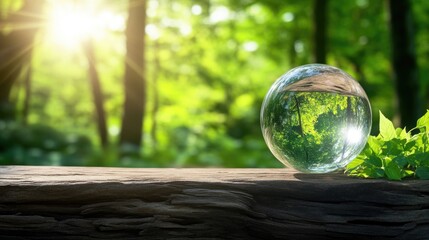 Glass globe reflects sunlight in a lush green forest, surrounded by plants and showcasing the beauty of nature and ecological awareness