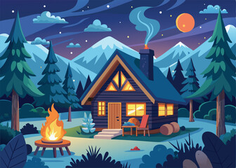 Cozy log cabin at night in a snowy mountain forest