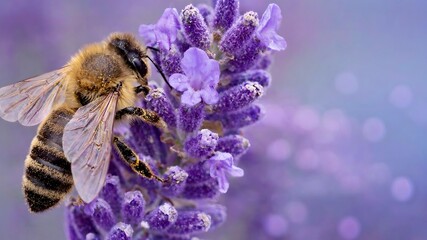 Macro close-up of a honeybee collecting nectar from purple lavender flowers, highlighting pollination, delicate wings, and natural textures in a soft blurred background. © ภัทรดนัย บุญชูเดชะ
