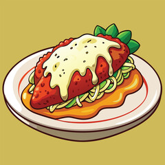 A Cartoon Illustration of a Plate of Chicken Parmesan with Spaghetti