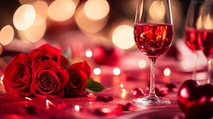 A romantic table setting with red roses and wine glasses on a cozy evening with soft lighting and blurred background.