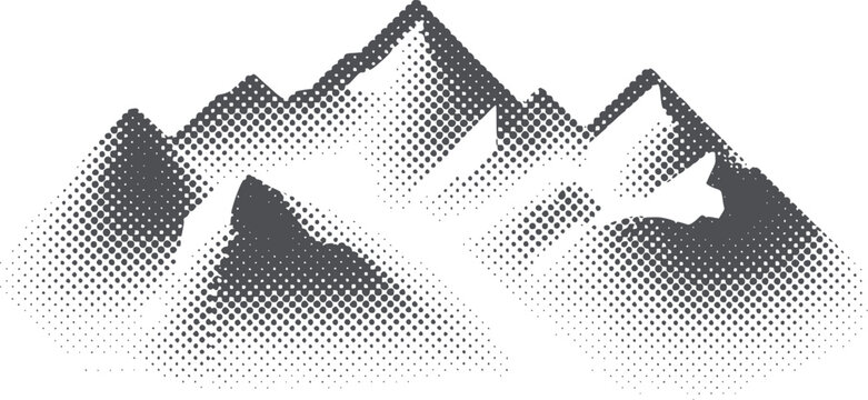 Monochrome halftone mountain range with gradient shading mountains peaks