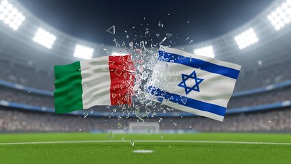 Flags of italy and israel in a soccer stadium