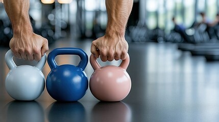 Close-up view of a man using vibrant kettlebells in a fitness center, showcasing strength and determination during a workout routine