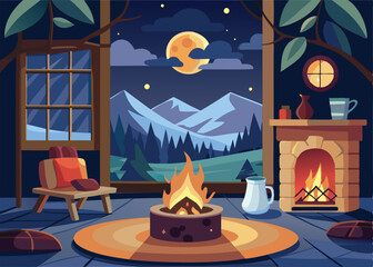 Cozy cabin scene at night with fireplace