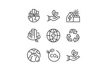 Eco friendly and sustainable living icons with green energy and environmental conservation themes