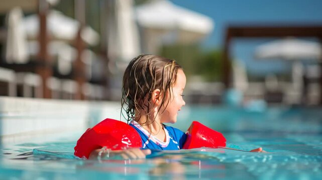 Child enjoys swimming in a pool with floaties on a sunny day