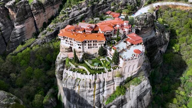 Meteora , Greece - 22. June 2025: Panoramic sunrise from the air View of the Meteora Mountains