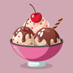 Delicious ice cream sundae in a pink bowl