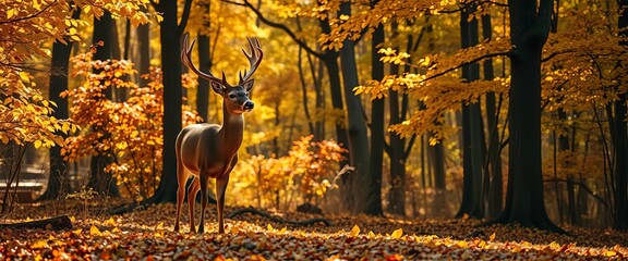 Majestic deer stands alert amidst sun-dappled autumn forest, golden leaves on ground, natural wildlife scene,  habitat,  dappled light