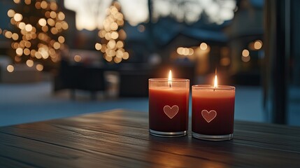 Two red candles burn brightly on a wooden surface, creating a romantic atmosphere enhanced by heart-shaped bokeh lights in the background