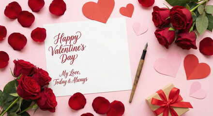 A top-down view of a handwritten Valentine's Day card surrounded by fresh red roses, loose petals, paper hearts, and a fountain pen on a pink background.