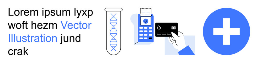 Obraz premium Biotechnology, digital payments, healthcare services, laboratory research, innovation in medicine, financial security. DNA strand, payment terminal with a card health cross symbol. Biotechnology