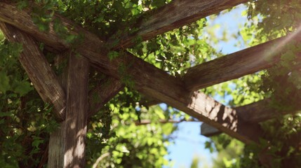 Obraz premium lush greenery climbing up a wooden structure in natureinspired business presentation