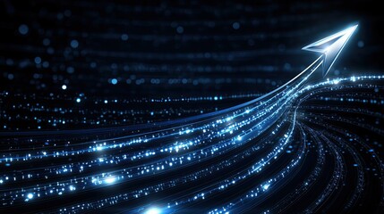 A detailed stock market bar graph illustrates a rising trend with glowing elements in dark blue, emphasizing financial growth and analysis