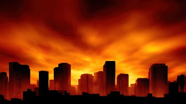 dramatic urban skyline  cityscape silhouetted against fiery sunset sky - Powered by Adobe