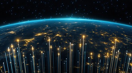 Financial concept shows stock market dynamics with a rising candlestick chart against a blue background and a blurred world map