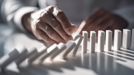 a businessman carefully arranging a row of dominoes to strategize risk management