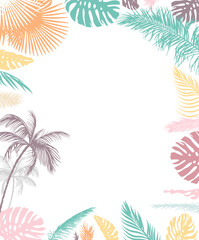 Multicolored palm leaf frame Light pastel colors. Hand drawn. Not AI, vector illustration.
