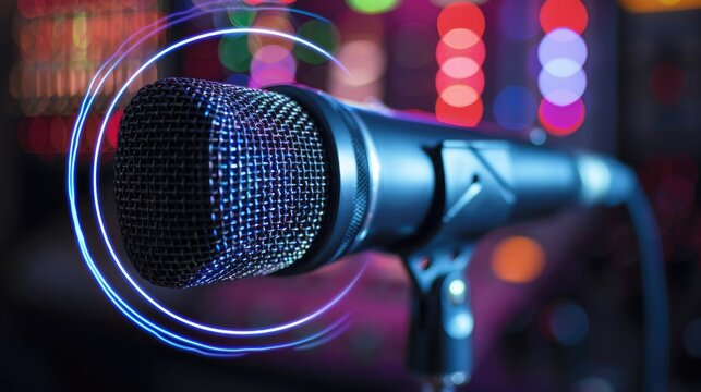 Creative close-up of a professional microphone with glowing neon sound waves and colorful bokeh lights. Modern audio concept for music, podcasting, radio and live event - Powered by Adobe