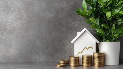 House model accompanied by gold coin stacks and a line graph, illustrating investment growth in the real estate market on a grey wall backdrop
