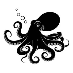 Striking black silhouette vector illustration depicting a detailed common octopus with multiple curling tentacles and rising air bubbles showcasing marine life.