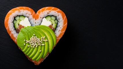 Delicious salmon and avocado sushi roll beautifully shaped like a romantic heart on black background
