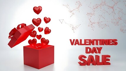 Red gift box opens releasing low poly hearts signaling a digital valentines day sale promotion