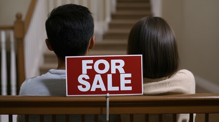 A young Asian couple admires their potential new home, viewing the modern villa with a red for sale sign prominently displayed