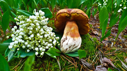 Beautiful boletus edulis mushroom in amazing green moss. 
Mushroom in forest Porcino, bolete, boletus.White mushroom on green background.Natural white mushroom growing in a forest.
Mushrooms in Forest