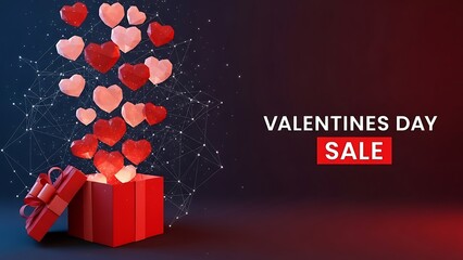 Digital low poly hearts exploding from a red gift box promoting a valentines day sale