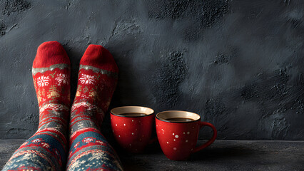 Woman`s legs with christmas socks  dark wall background. 