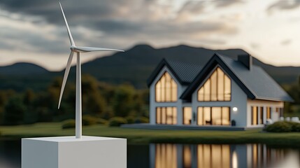 Close-up of a wind turbine model on snow with a blurred contemporary home and a person standing in the background during winter
