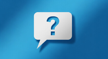 White question mark inside a speech bubble on a blue background, symbolizing inquiry