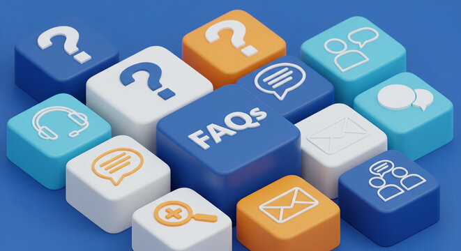 Frequently Asked Questions concept with icons for support, communication, and information