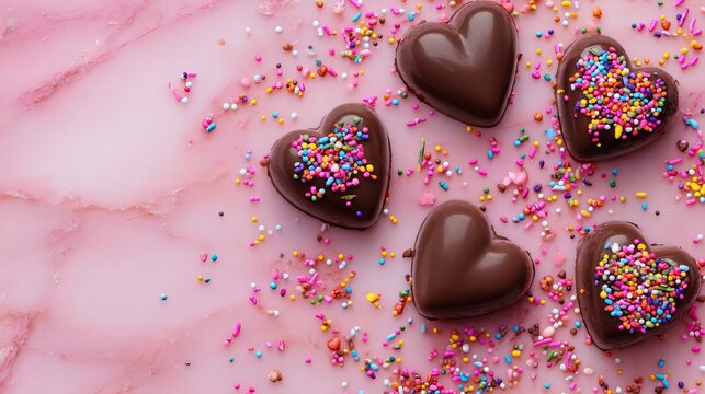 A delicious arrangement of heart-shaped chocolates with colorful sprinkles on a pink marble surface