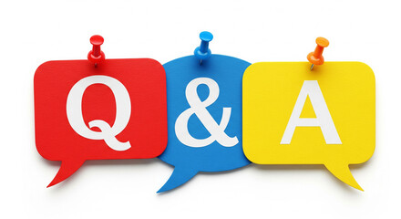 Colorful Q&A speech bubbles pinned on a white background, representing questions and answers