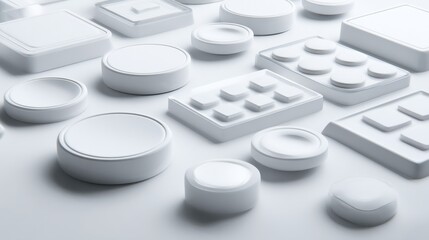 modern and sleek white digital buttons and geometric shapes displayed on a minimalist backdrop