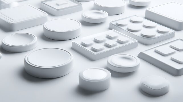 modern and sleek white digital buttons and geometric shapes displayed on a minimalist backdrop - Powered by Adobe
