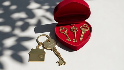 Golden housewarming gift keys presented in a red velvet heart shaped jewelry box