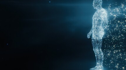 An elegant AI robot in profile features glowing data streams and circuit patterns amidst digital symbols of intelligence