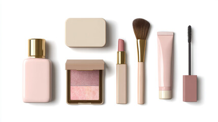 Elegant Pink and Beige Cosmetics Collection Featuring Perfume, Lipstick, and Makeup Essentials on Crisp White Background