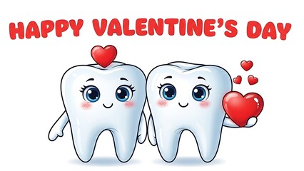 Cute cartoon molar couple celebrates valentine's day sharing love with glossy red hearts