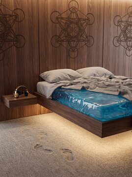 Experience ultimate relaxation in this modern bedroom featuring a unique waterbed, sacred geometry wall, and inviting ambiance. Perfect for luxury home decor.