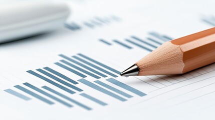 Close-up view of financial charts and graphs printed on white paper, accentuated by blue pencils emphasizing growth over time