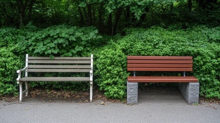 Relaxing garden area features a wooden bench and concrete table surrounded by greenery and scattered leaves for a peaceful retreat