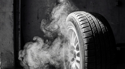 Close up of car tire spinning creating thick smoke during burnout. Dramatic monochrome automotive...